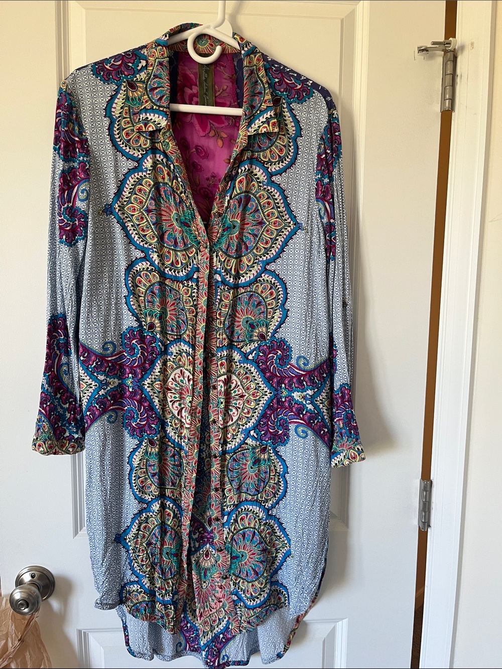 Aratta Silent Journey Boho Paisley Button Down Dress Tunic, Size Large, EUC